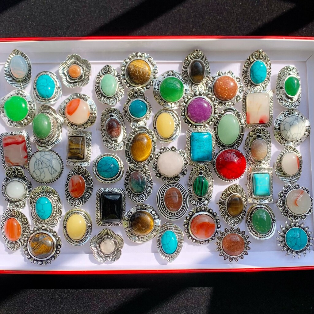 Wholesale 12pcs Big Natural Stone Vintage Rings Women Mix Antique Silver Jewelry
