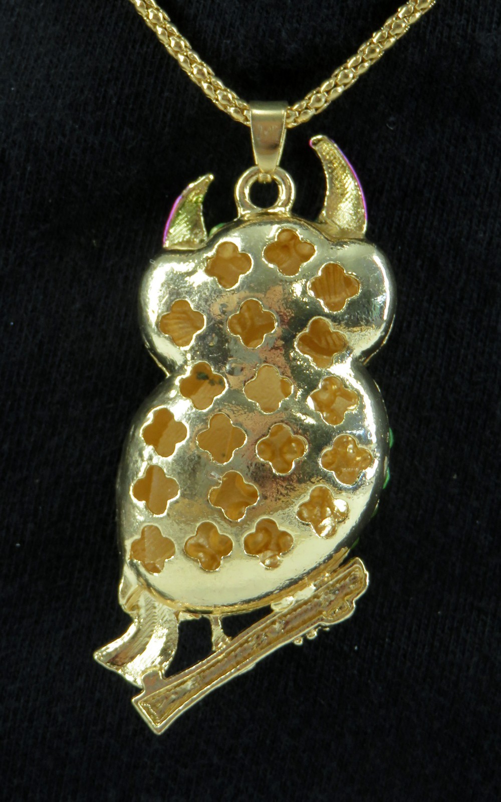 NTW-Betsey Johnson Multi-Color Green Perched 3-D Owl Pendant Goldtone Necklace