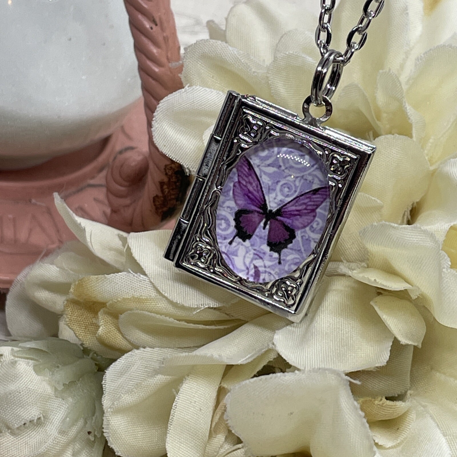 Silver Birthday anniversary purple BUTTERFLY book Locket pendant necklace photo