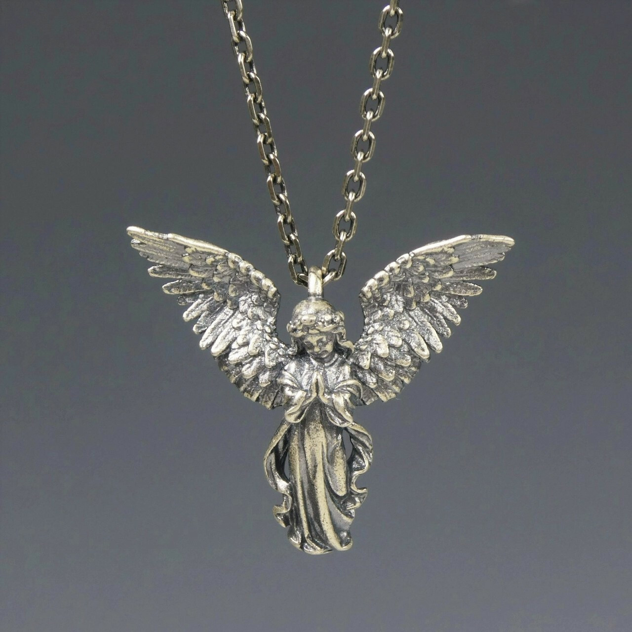 Antiqued 925 Sterling Silver Praying Angel Pendant with Open Wings Unique