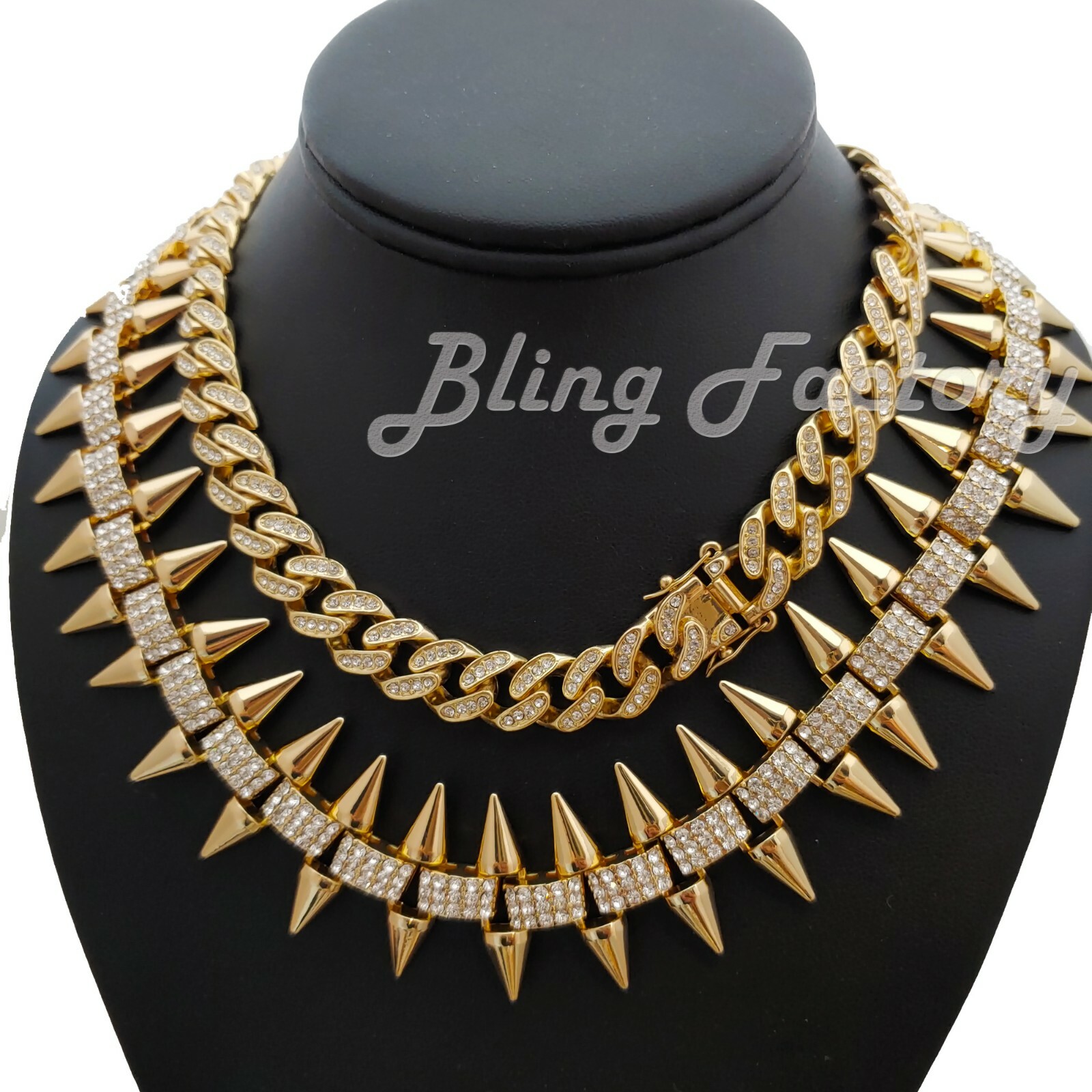 Hip Hop Gold PT Full Iced 18″ Cuban & 20″ Spike Bling Choker Chain Necklace Set