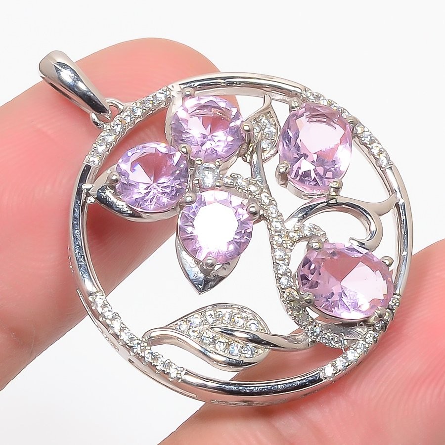 Rose Quartz & Cz 925 Sterling Silver Pendant 1.4″ P680-42