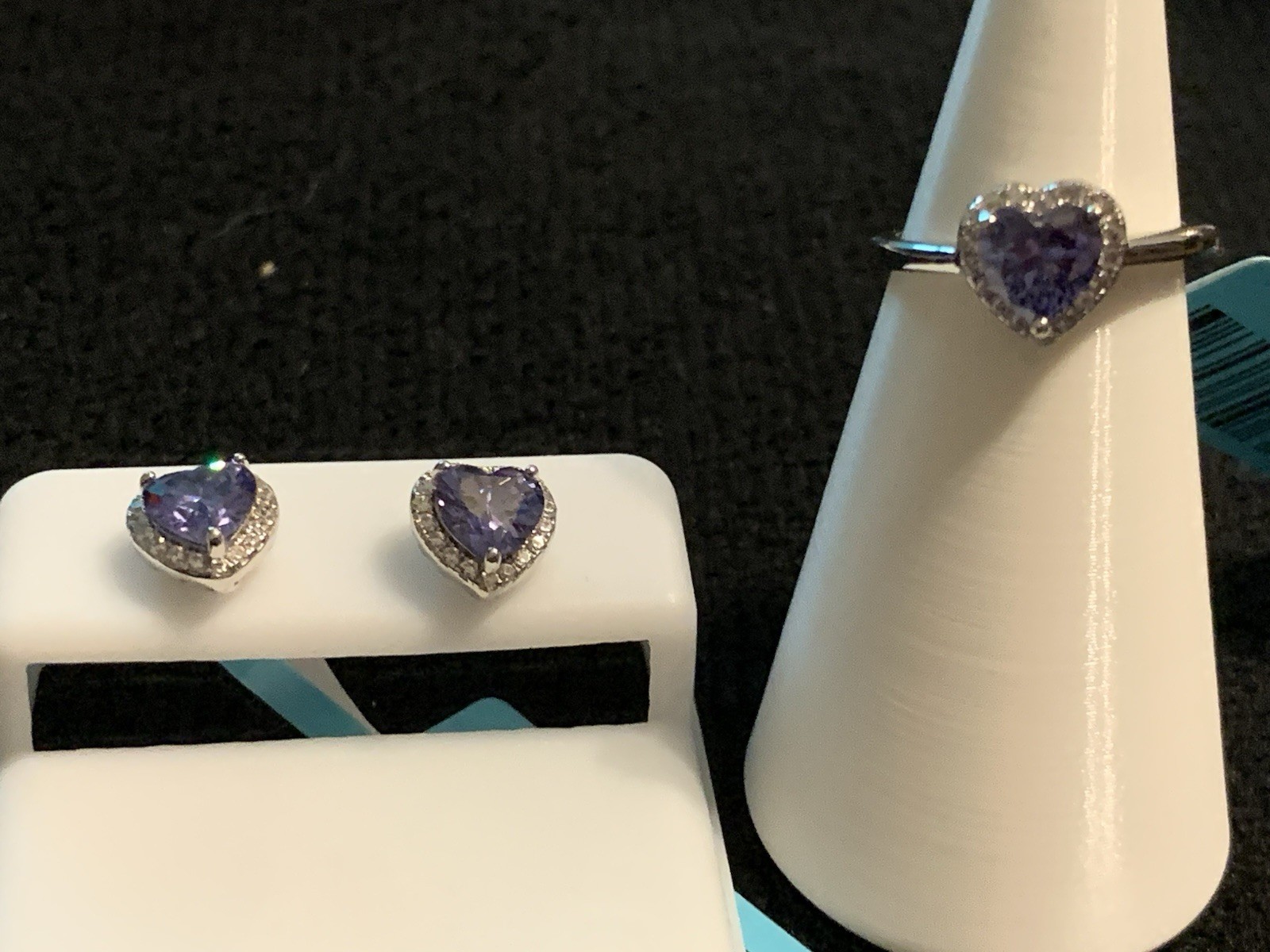 925 Sterling Silver Tanzanite And CZ Ring And Earrings Set Size 5