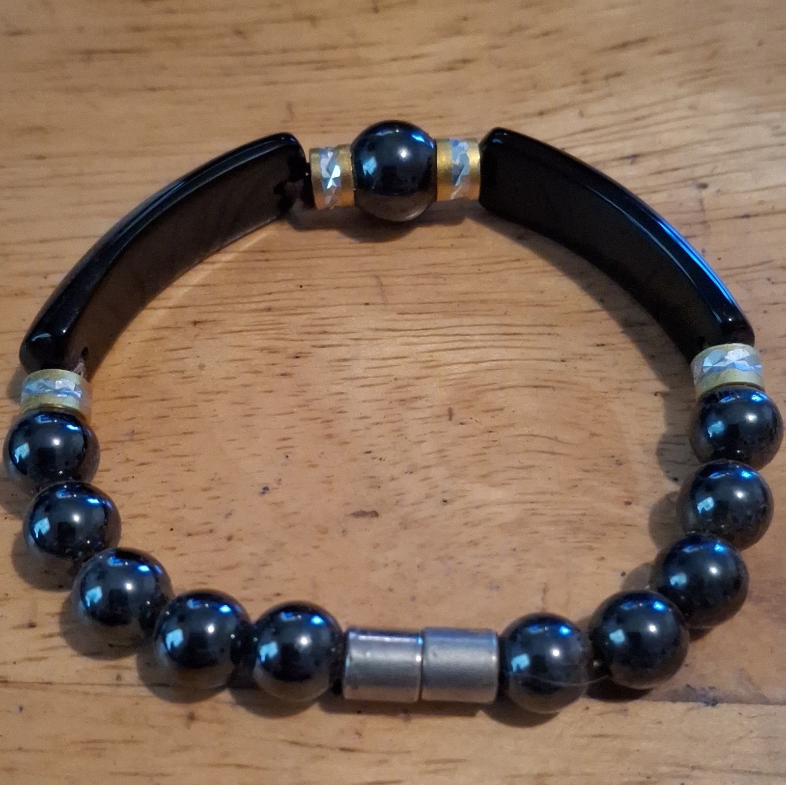 Black & Silver Beaded Bracelet Round Ball/Bead Chain Magnetic Clasp