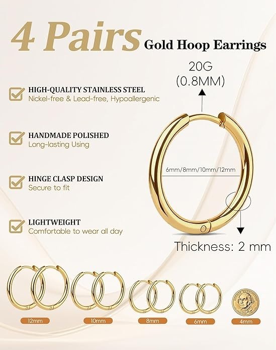 Small Huggie Hoop Earrings for Women Men, 4 Pairs Silver 14K Gold Plated 316L Su