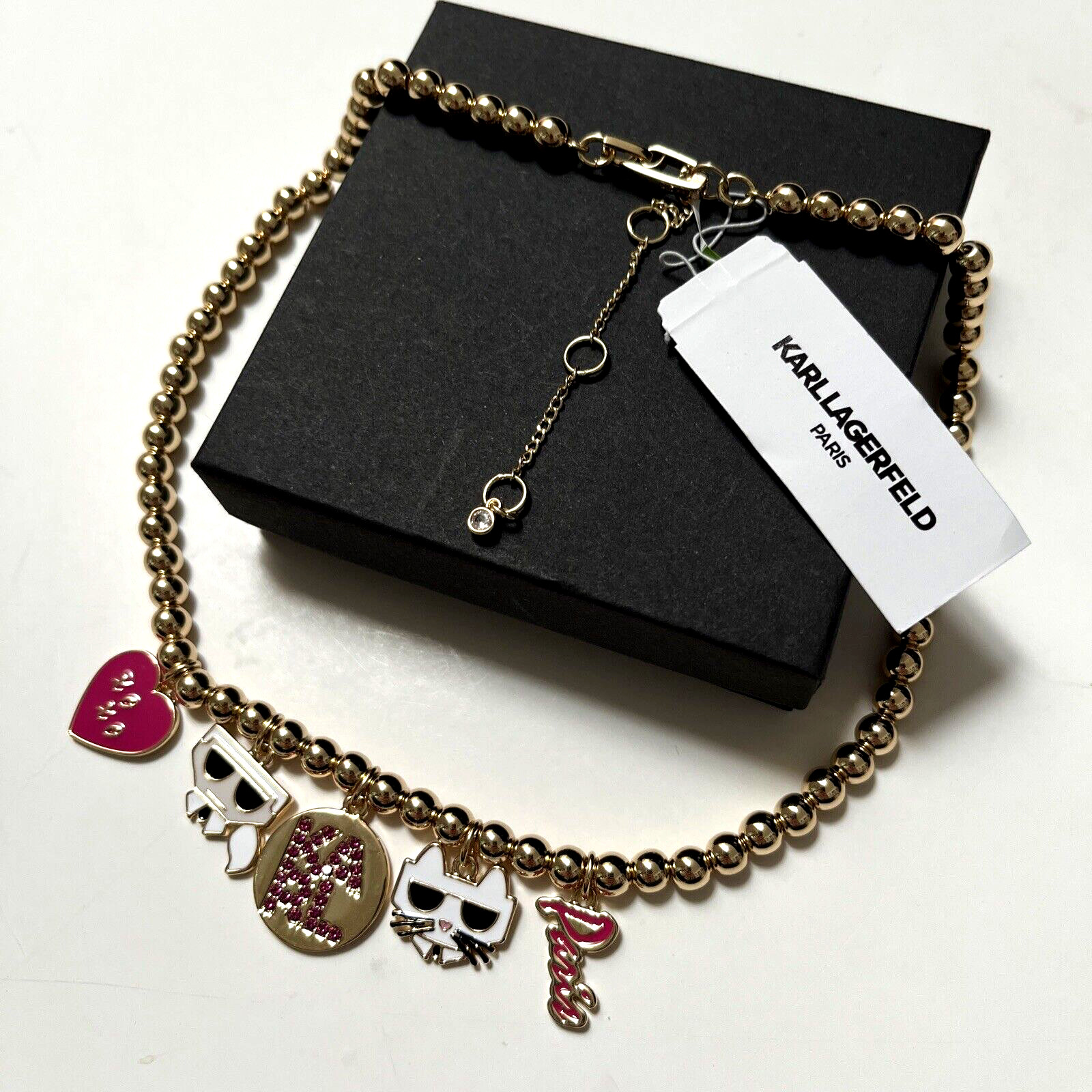 New KARL LAGERFELD Paris Charm Fashion Necklace Choupette Cat Pink Rhinestone