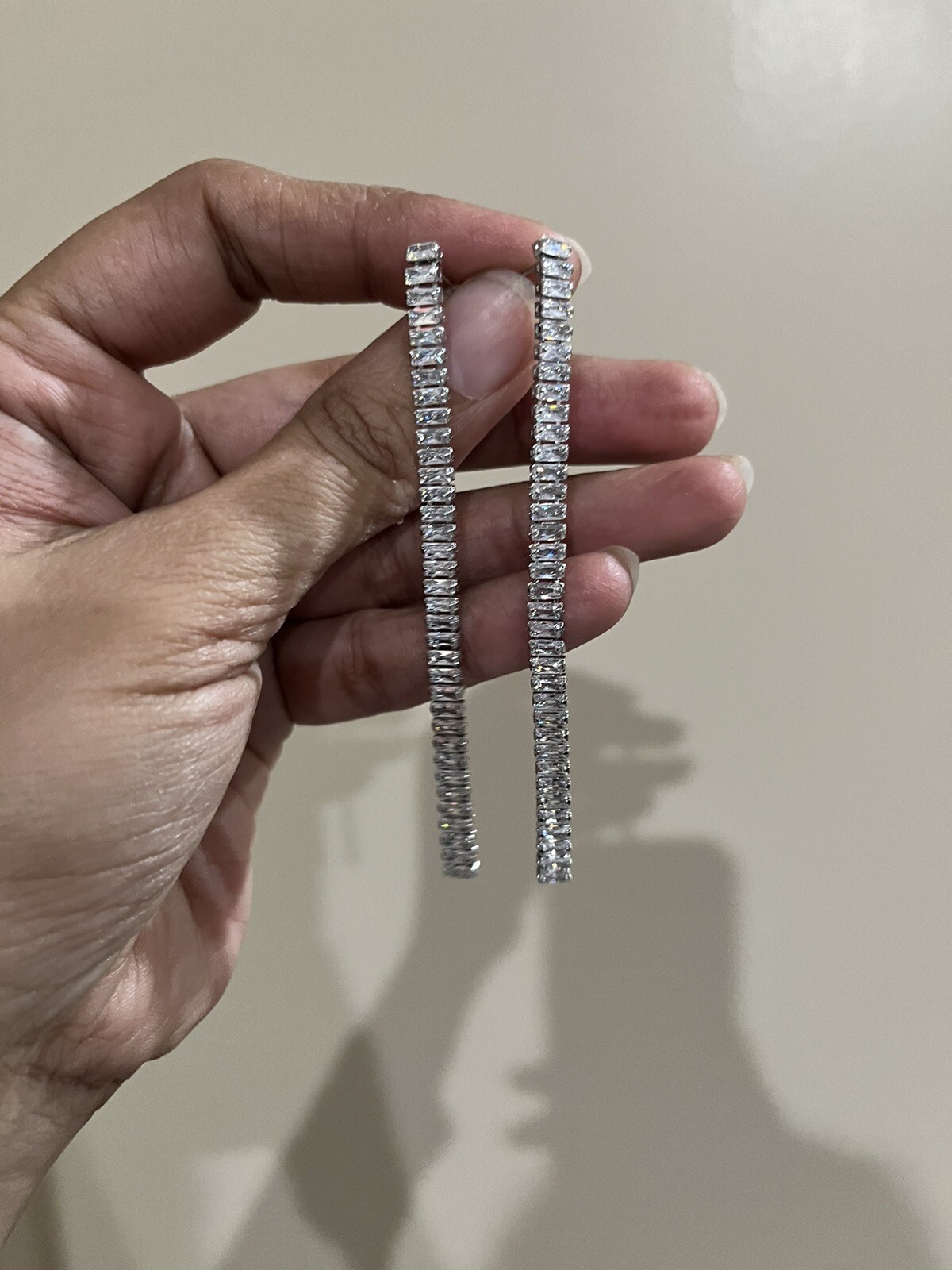 Very Long Silver Earrings Clear White Crystal Extra Long Earrings Rhinestone