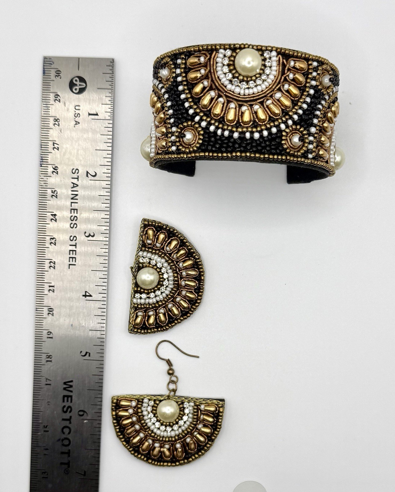 Boho Beaded Cuff Bracelet & Fan Earrings Set Faux Pearl Gold Black Statement