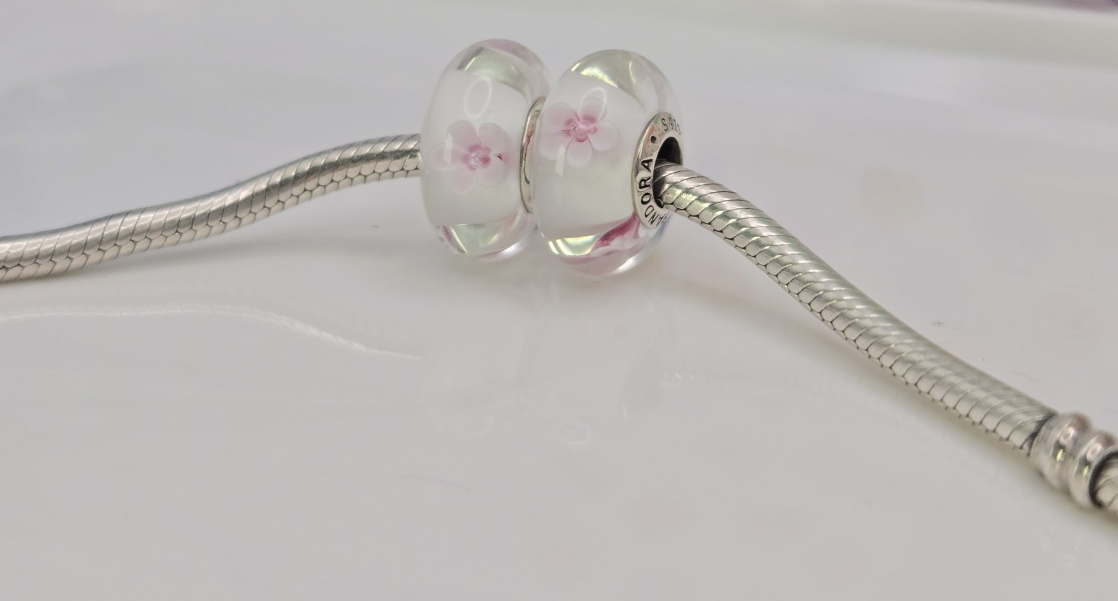 Authentic Pandora Pair of Japanese cherry blossom flowers Charms Murano Glass