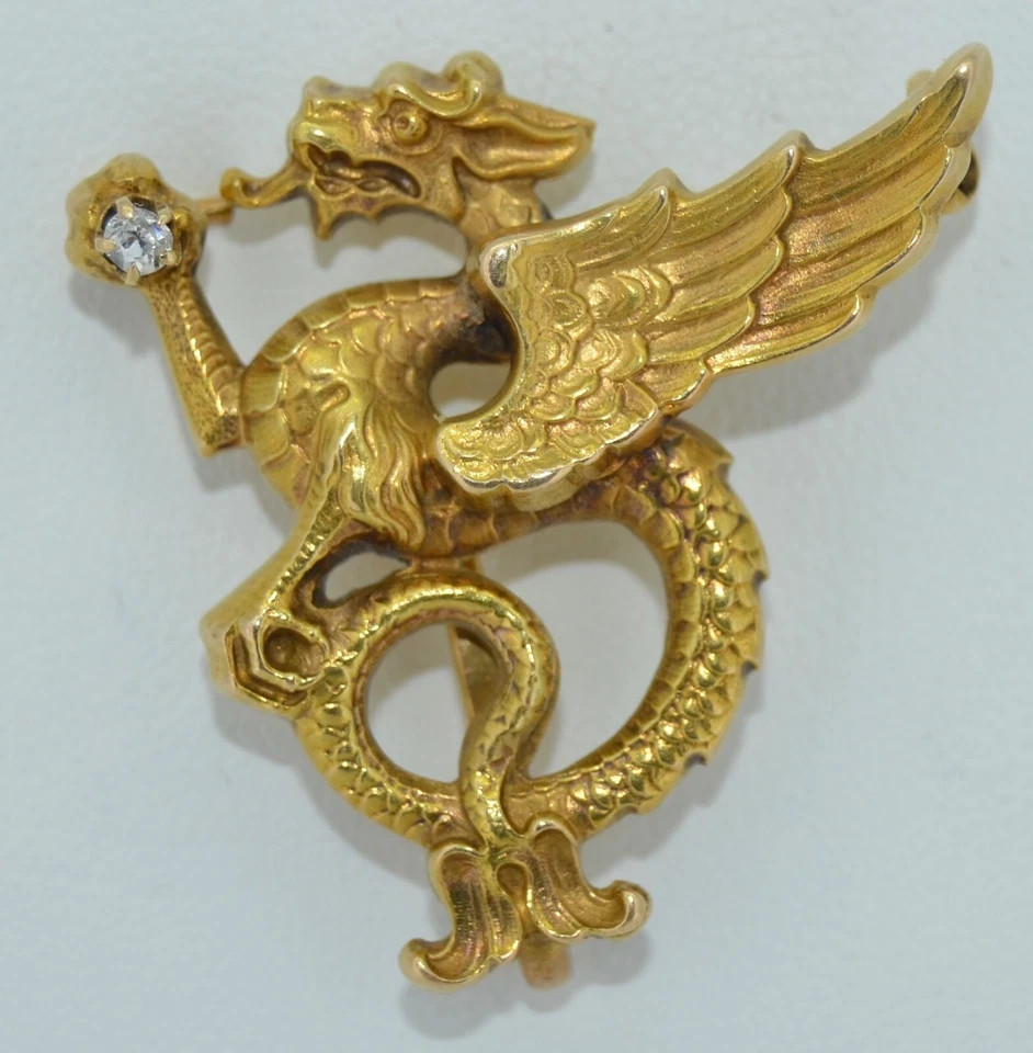 14K & Art Nouveau Chimera Dragon Brooch Watch Pin