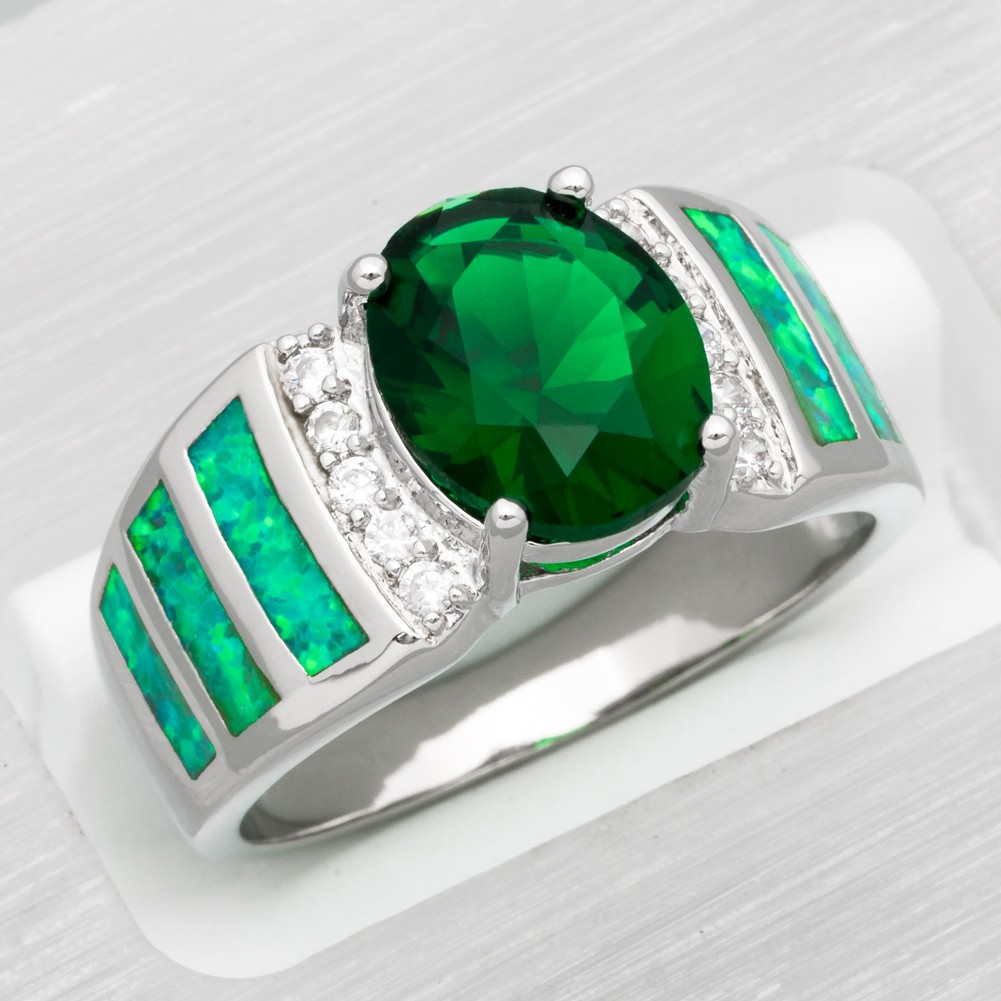 8×10 Simulated Emerald Kiwi Green Fire Opal CZ Silver Jewelry Ring 7 8 9 10