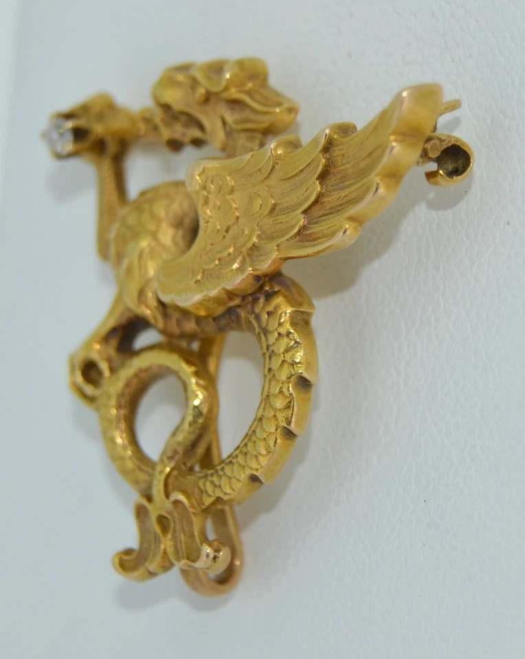 14K & Art Nouveau Chimera Dragon Brooch Watch Pin