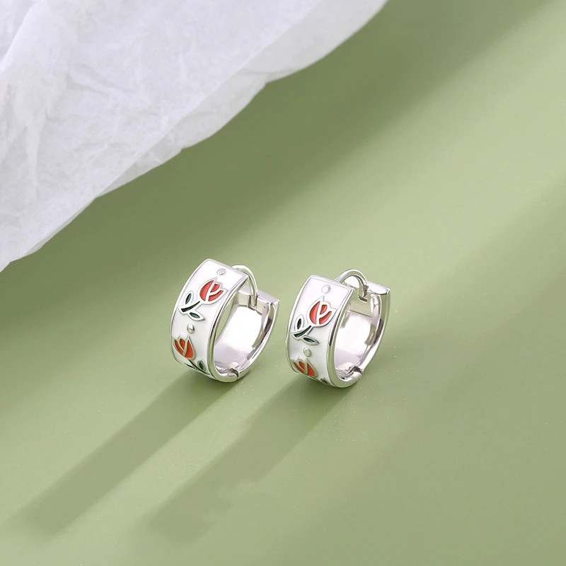Metal Enamel Hoop Earrings Women Tulip Floral Tea Cup Spring Summer Jewelry