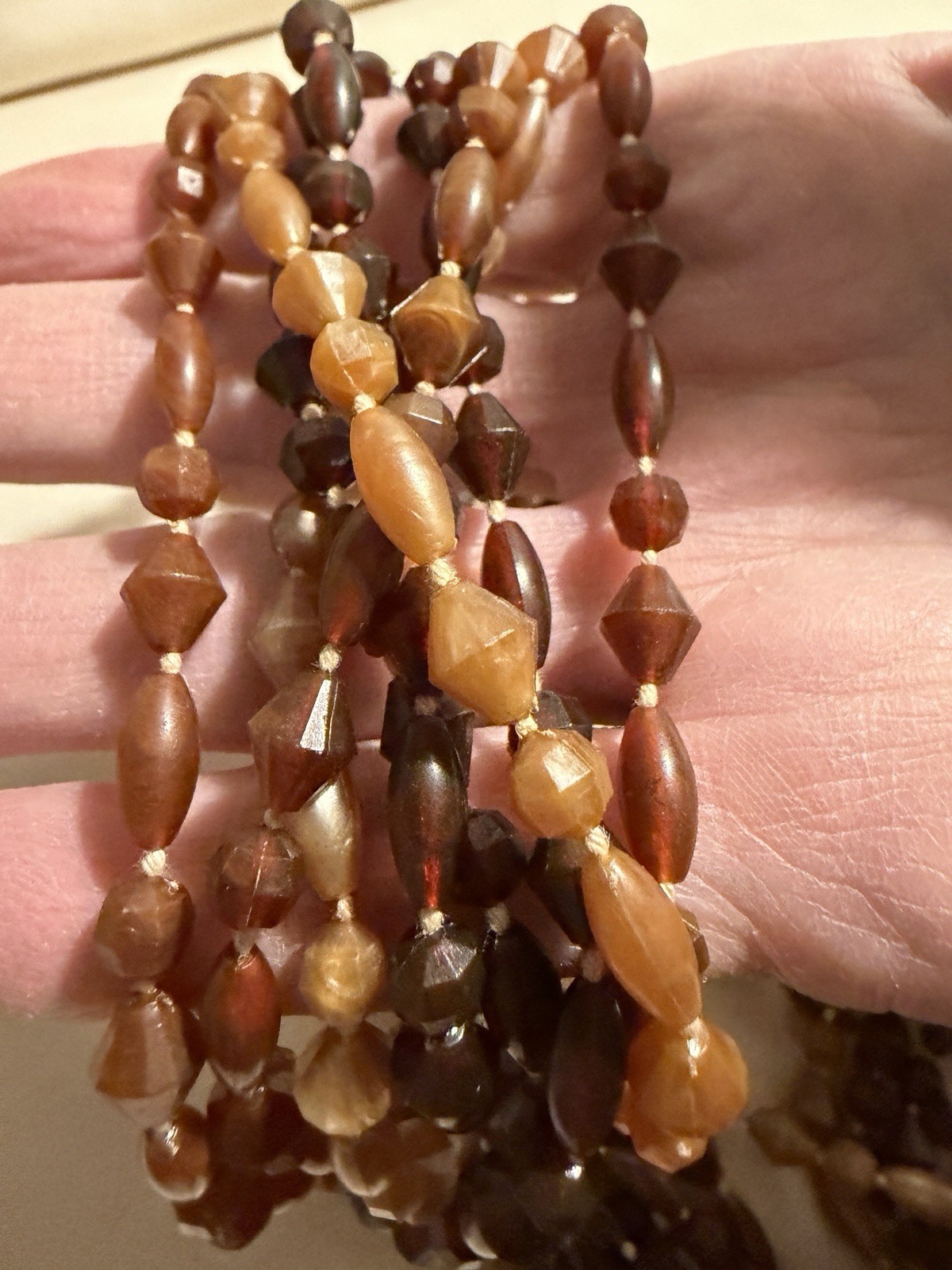 “Vintage Autumn Brown Multi-Strand Torsade Necklace Faceted Bicone & Barrel