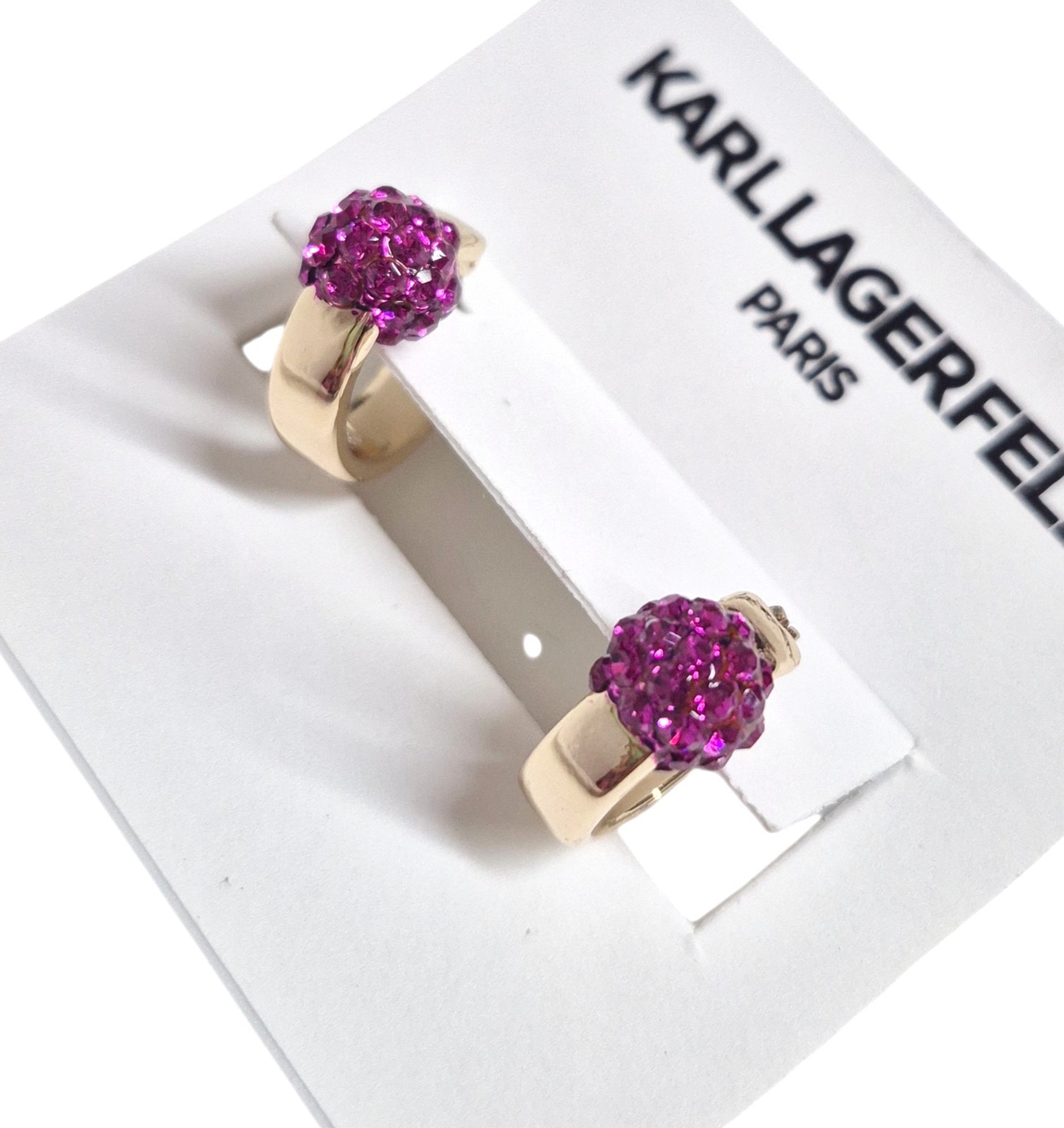 Karl Lagerfeld Small Pave Fireball Huggie Hoop Earrings Pink Gold Plated New