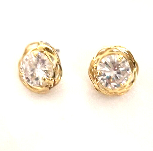 Women’s Earrings Pierced Ears Clear Crystal Gold Tone Button Style Scalloped