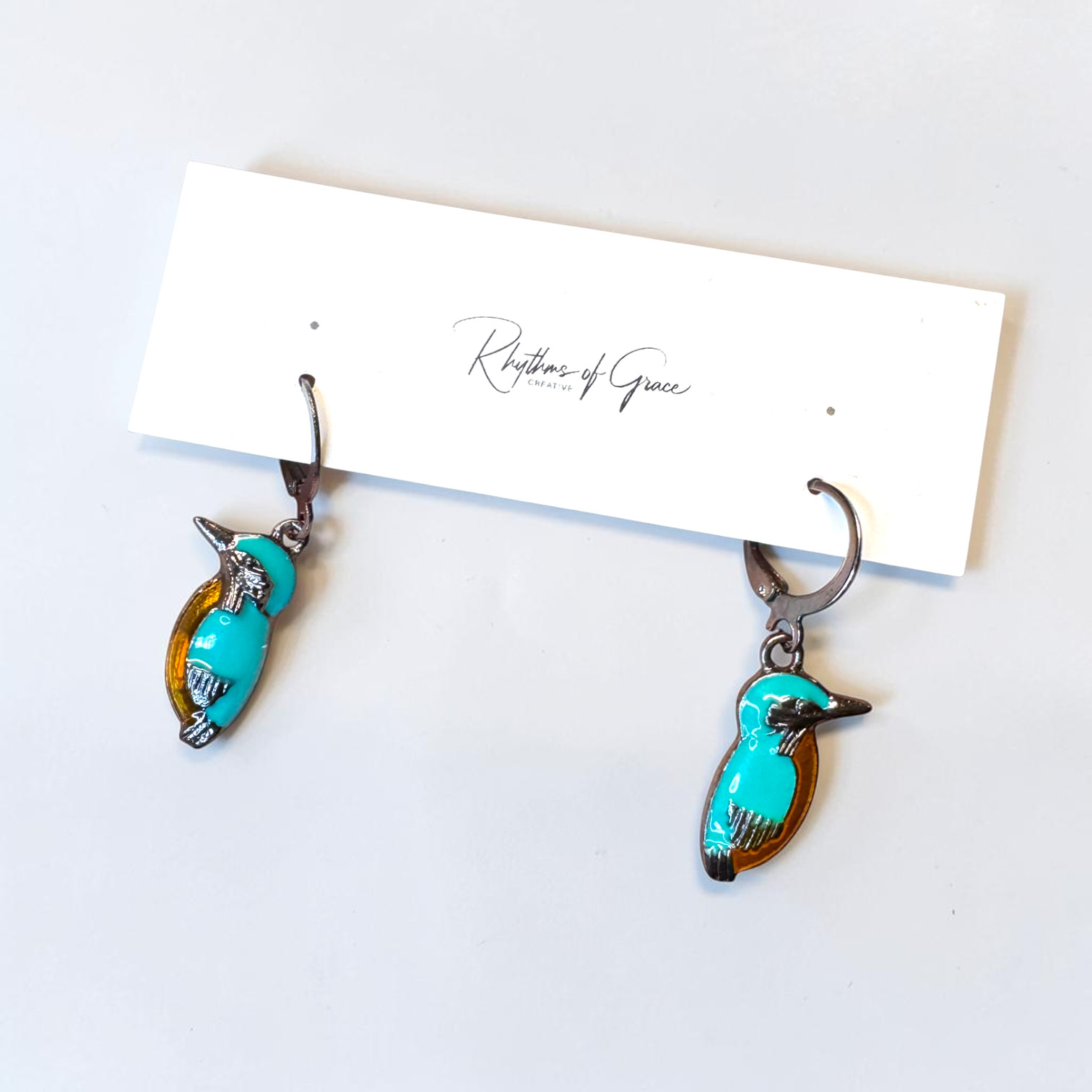 Kingfisher Bird Hoop Earrings Turquoise Enamel Silver Tone Cute Nature Wildlife