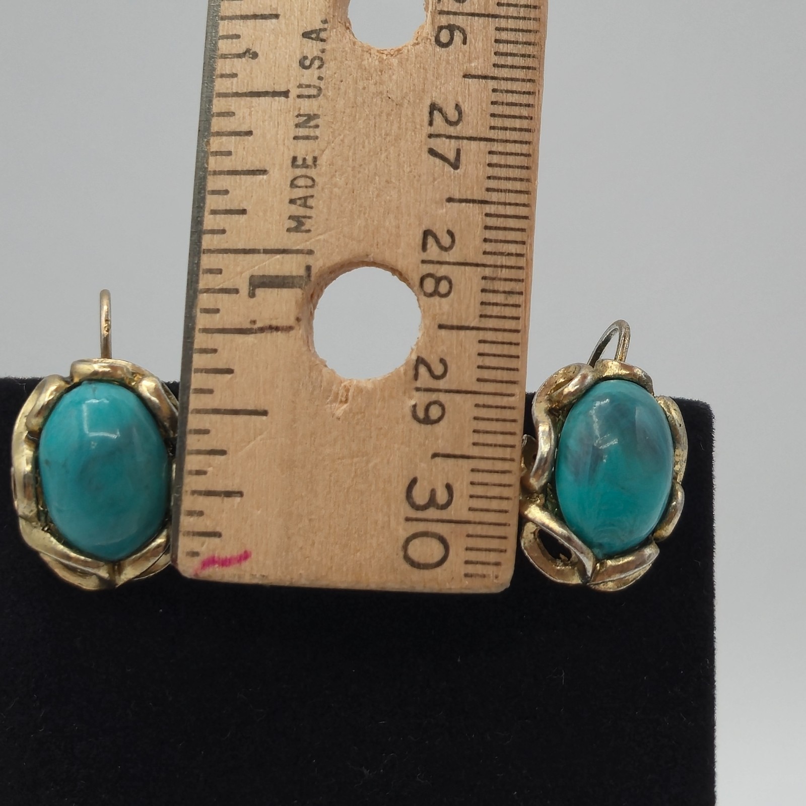 Turquoise Color Cabochon Earrings Gold Tone Leverback Floral Scroll 1in Pair