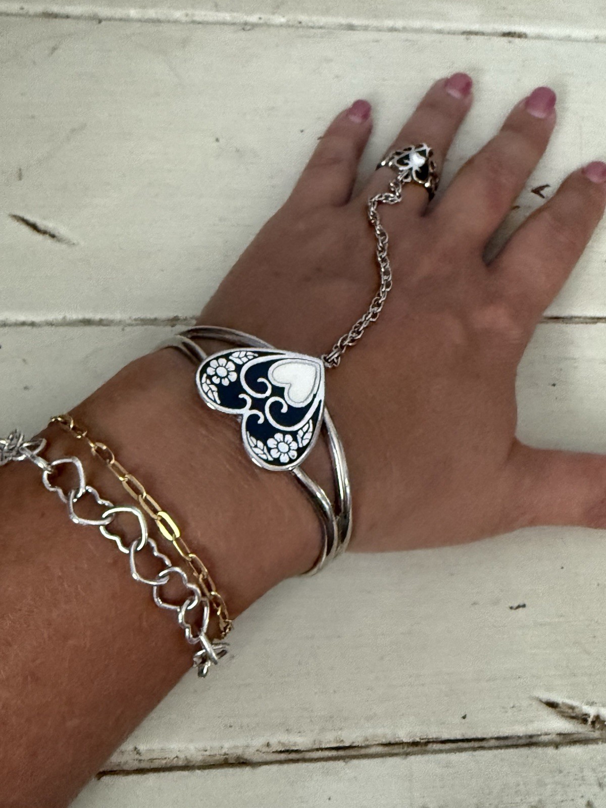 Heart Pendant Beaded Necklace & Heart Slave Bracelet Ring Set Boho Statement