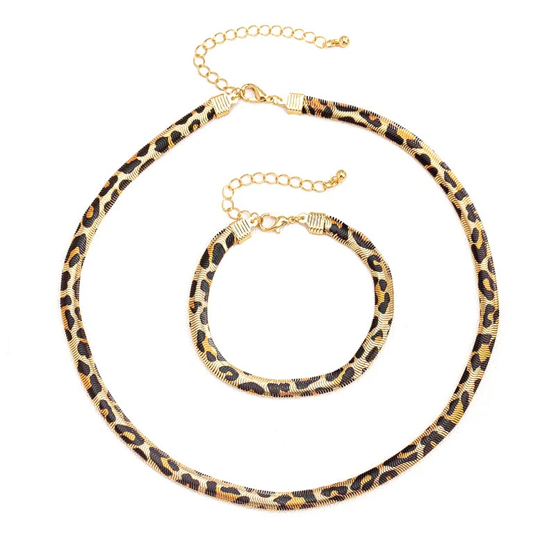 Leopard Print Snake Chain Bracelet Necklace Set For Women Fashion Jewelry Daily