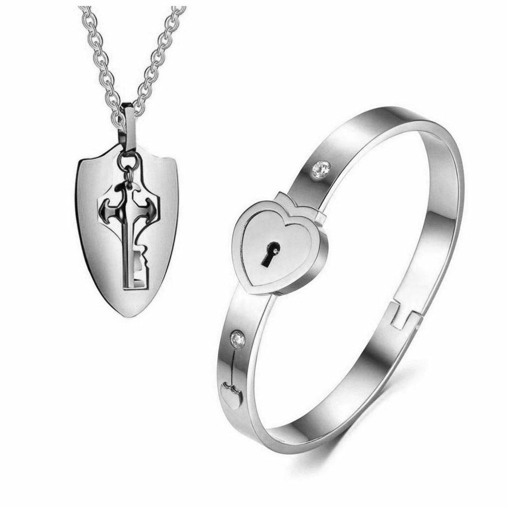 Couple Stainless Steel Love Heart Lock Bracelet with Key Pendant Necklace Set