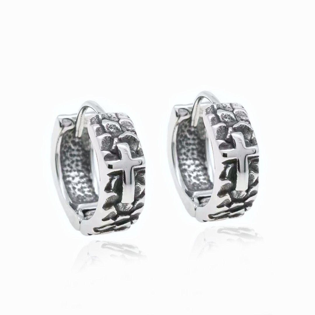 Mens Unisex Silver Cross Huggie Hoop Earrings Stainless Steel Punk Rock Jewelry