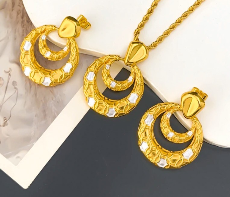 45cm African Dubai 18K Gold Plated Bride Double Layer Earrings Pendant Necklace