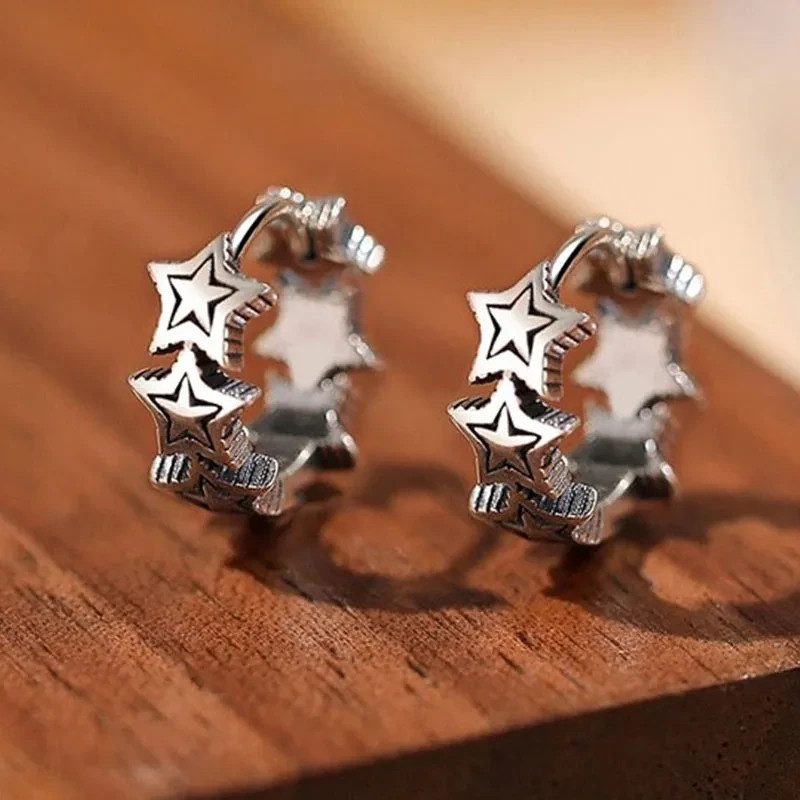 925 Sterling Silver Star Hoop Earrings Celestial Huggie Women Jewellery Gift