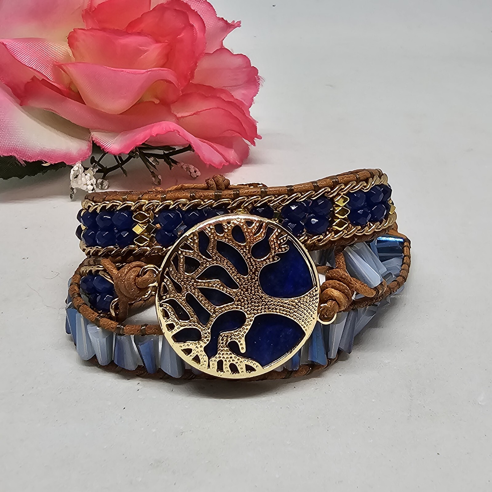 Blue Lapis Lazuli Tree of Life Bracelet Gold Crystal Braded Wrap Leather Boho