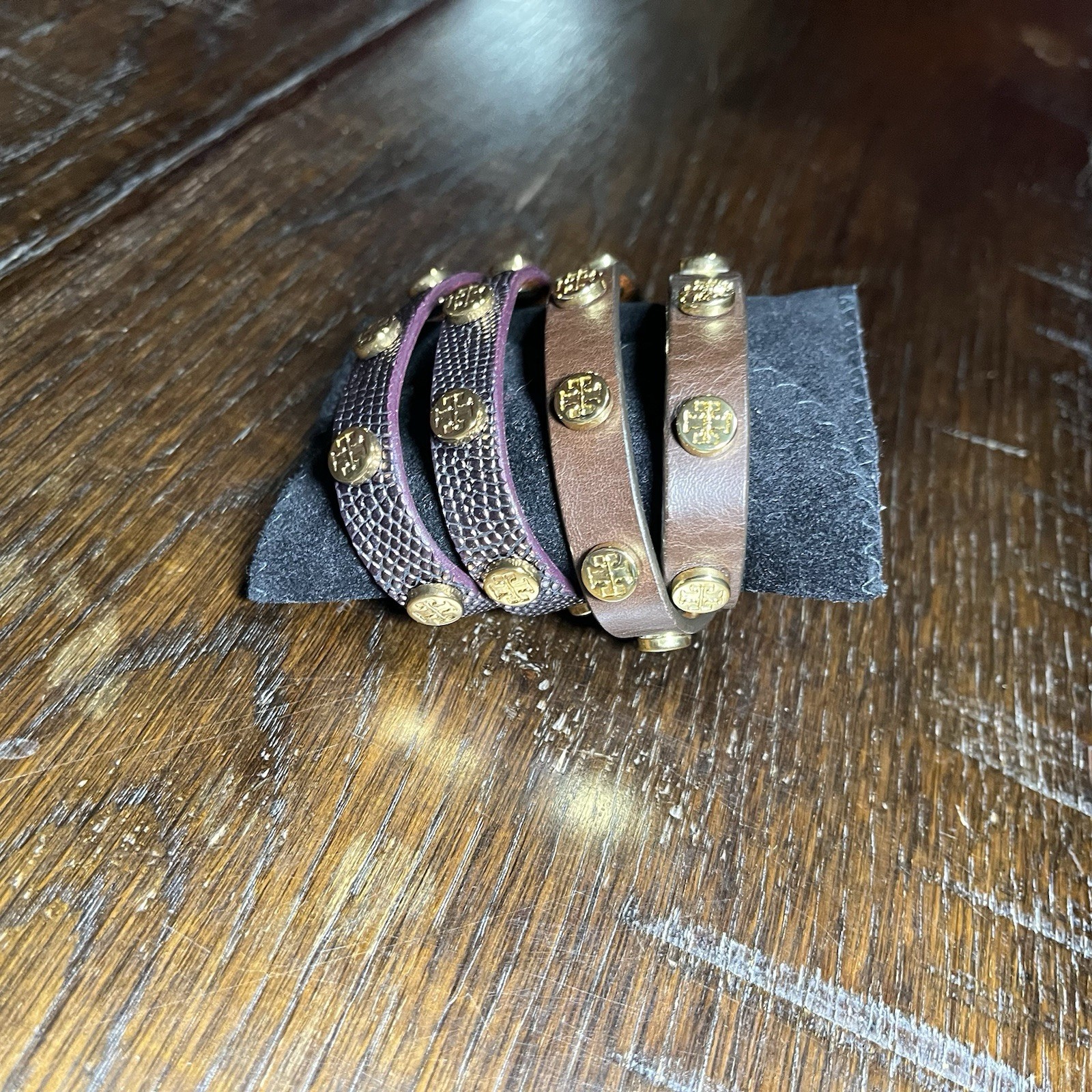 Tory Burch Bracelet Set of 2 Leather Double Wrap Logo Stud Adjustable USA Made