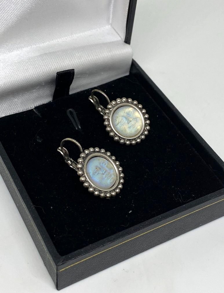 Kirks Folly Moon Face Earrings Iridescent Silvertone Leverback Signed Celestial