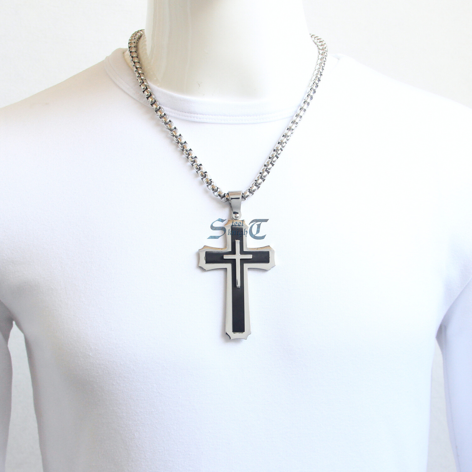 Men Huge Polish Stainless Steel Three Large Cross Pendant Necklace Silver/Black