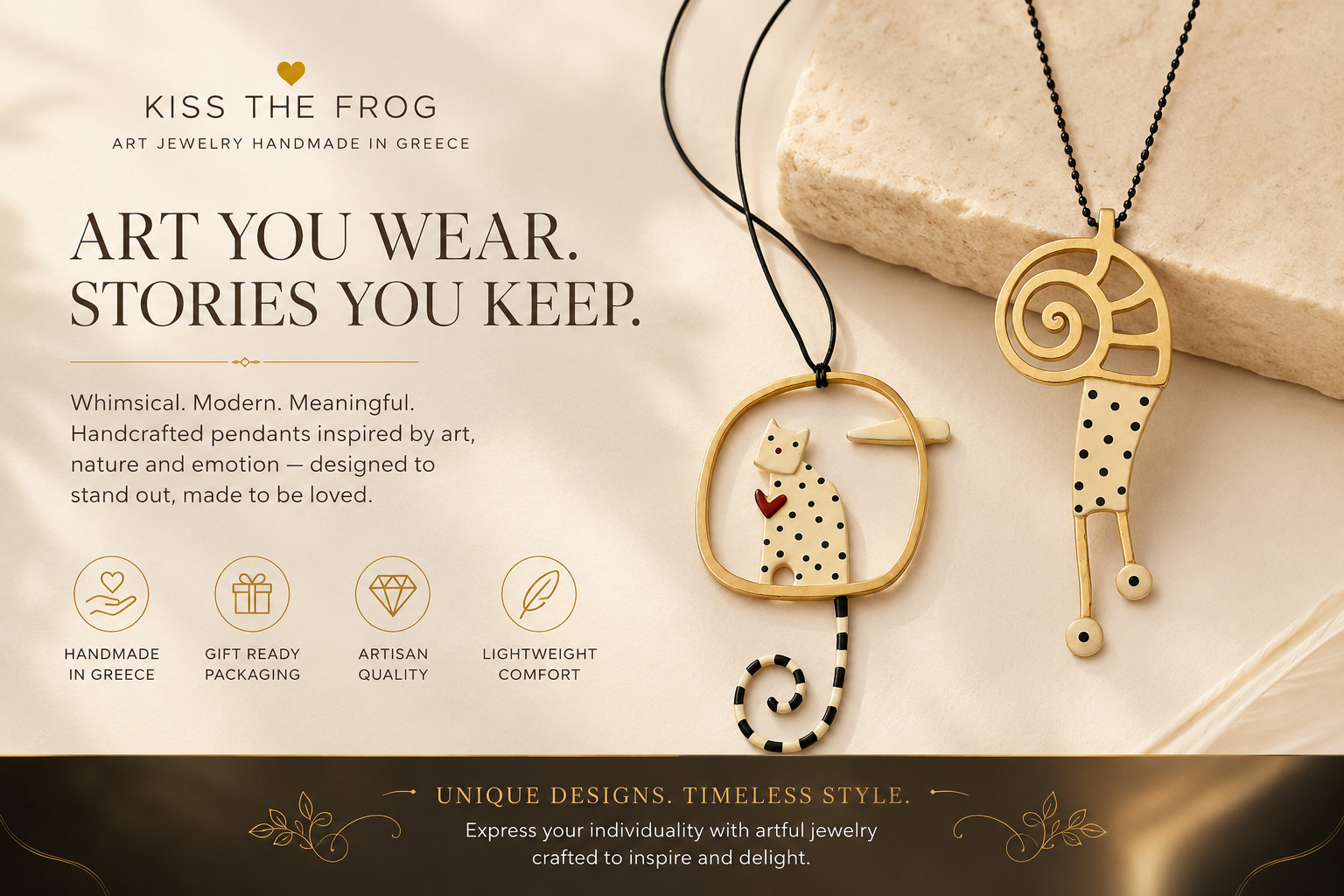 Kiss The Frog Cat Spiral Pendant Necklace Gold Black Cord Greek Artisan