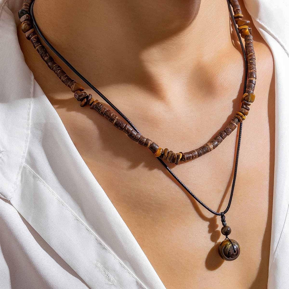 2pcs Boho Stone Pendant Necklaces Vintage Wood Bead Chokers for Men – Ethnic