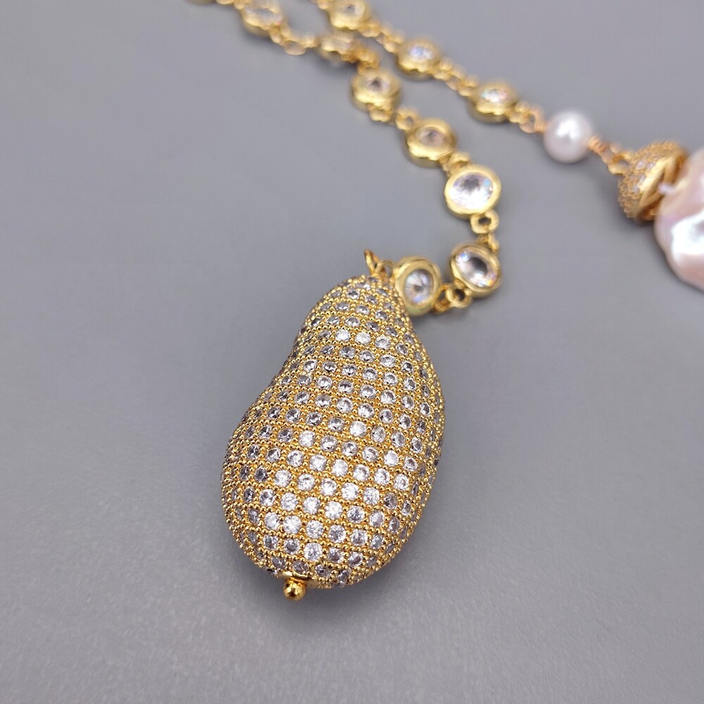 47″ 7mm White Baroque Pearl Cz Pave Rosary Chain Loop Long Necklace