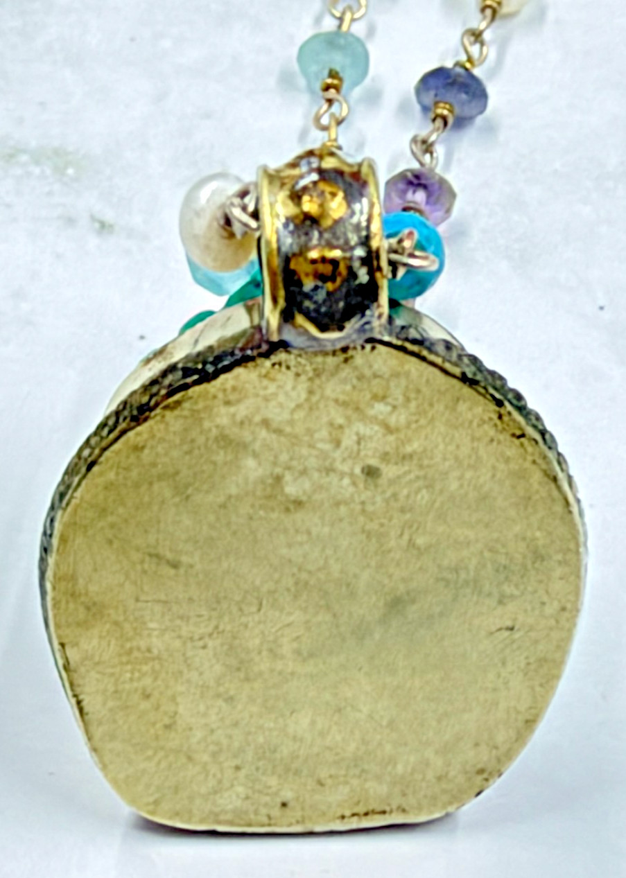Silver Necklace Crystals on Chain Handcrafted Inlaid Turquoise Shakyamuni 3D