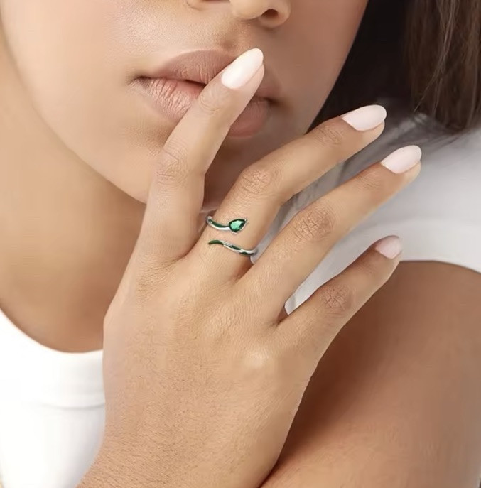 Adjustable Ring Green Emerald Snake Gift Good Quality Retro Silver S925