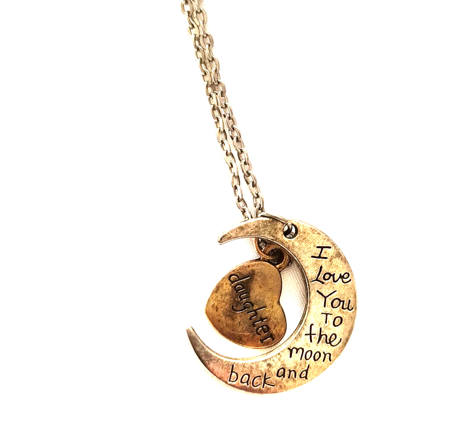 Daughter Love You To the Moon Silvertone /Brass Color Charm Necklace Adjustable