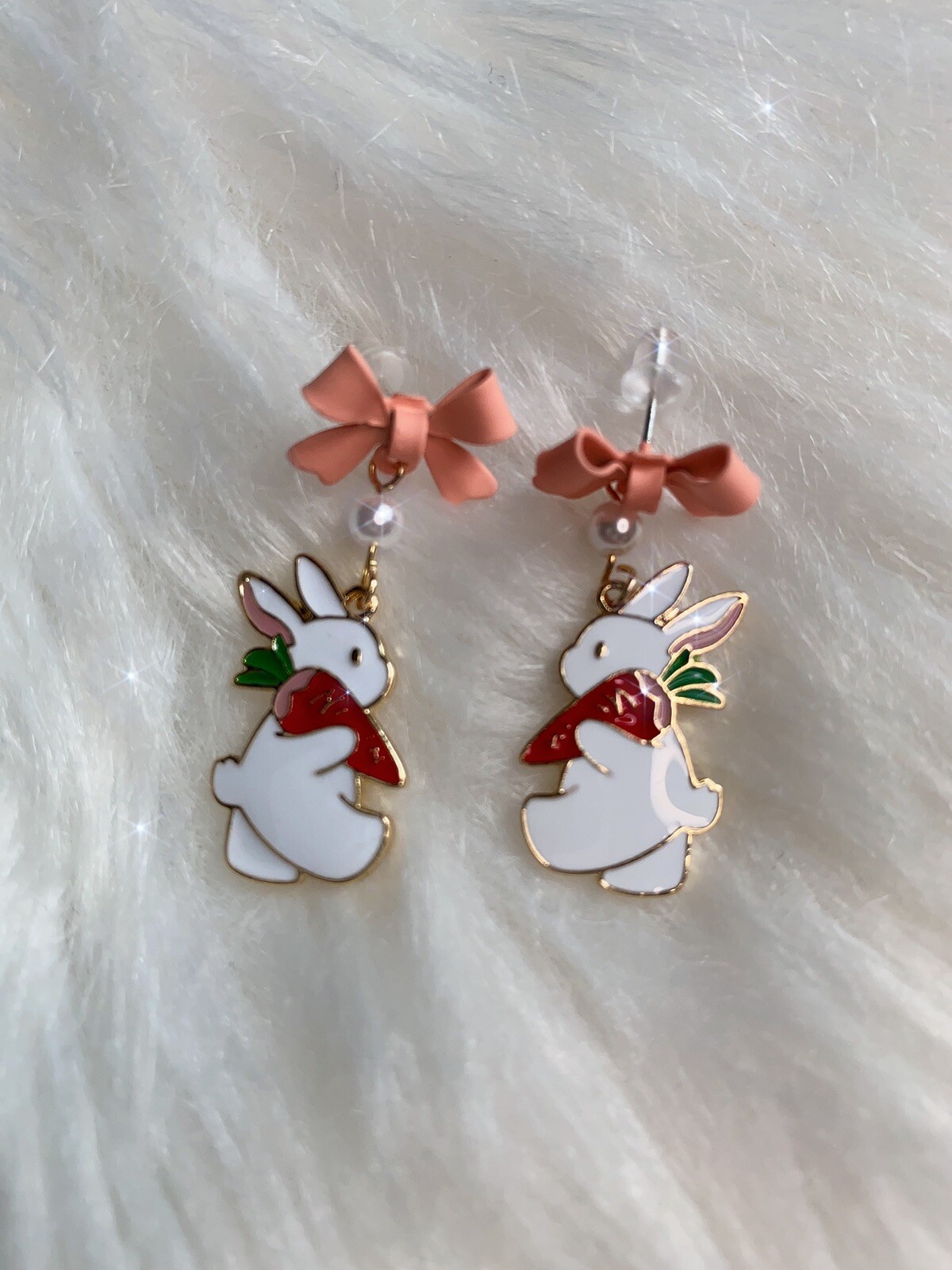 Rabbit Bunny Easter Dangle Earrings New Handmade Gift 1.5” Pink Bow Carrot