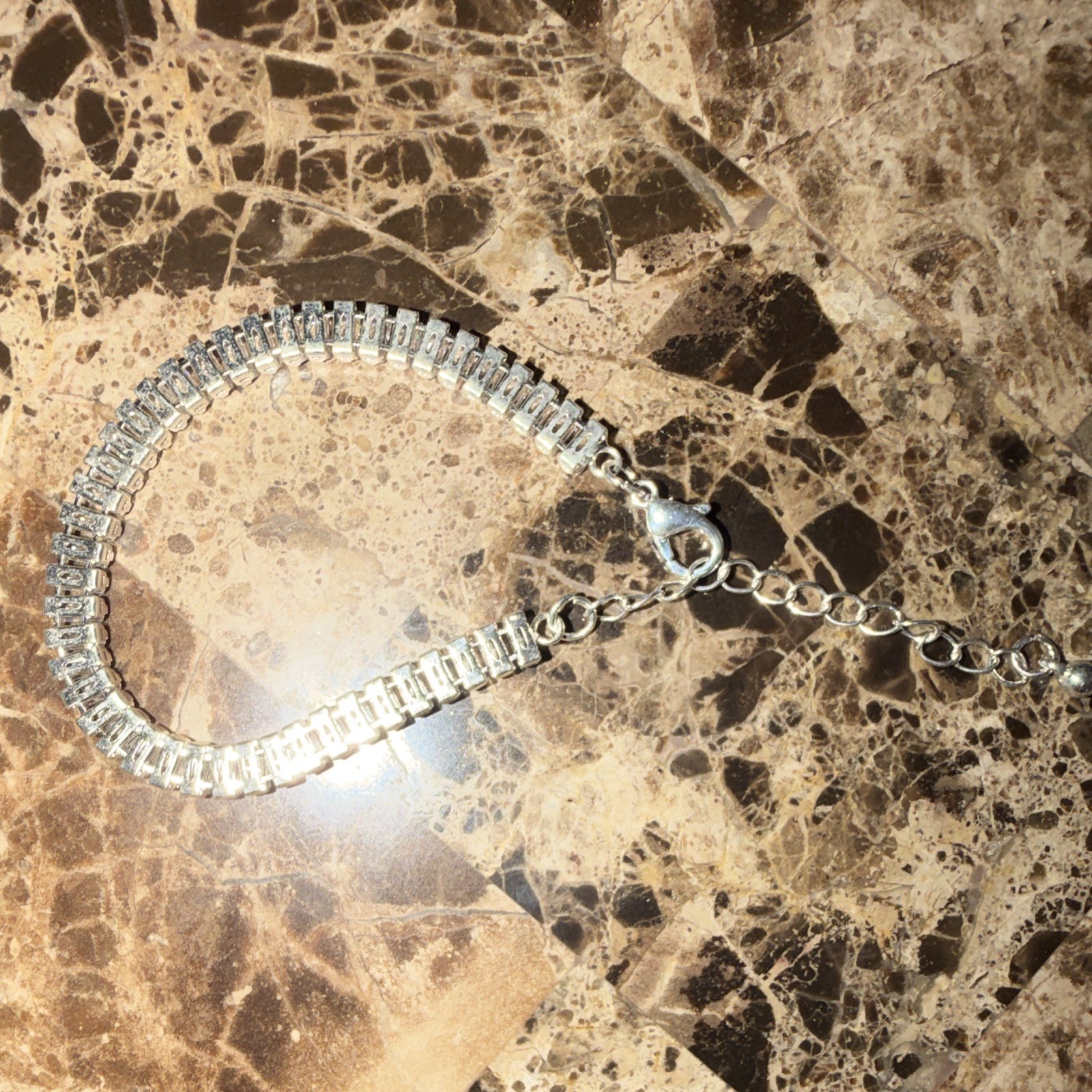 Silver Tone Clear Baguette Crystal Tennis Chain Bracelet, Adjustable Lobster