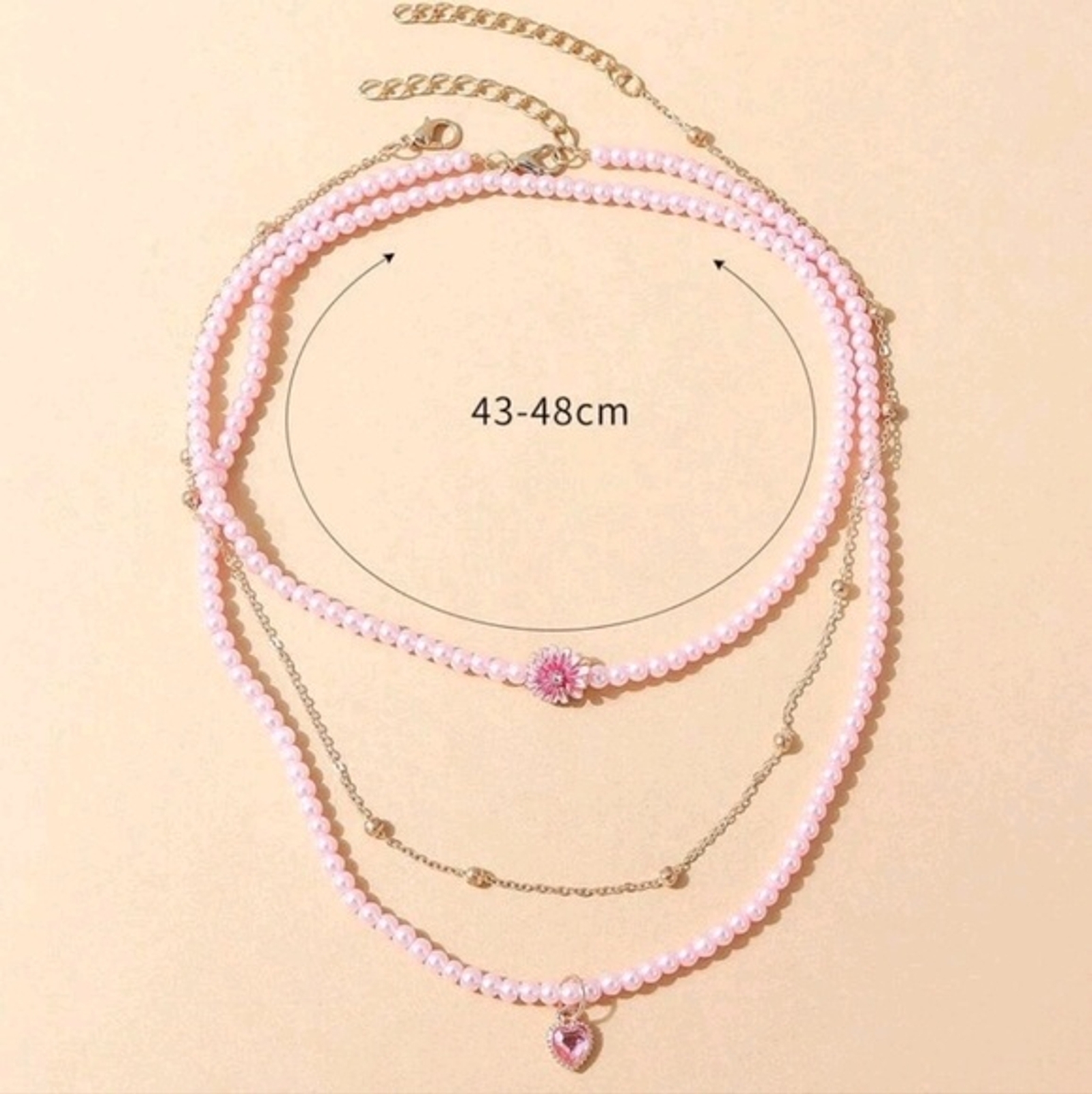 2pcs Pink Faux Pearls & Gold Chain Heart & Flower Pendant Necklace
