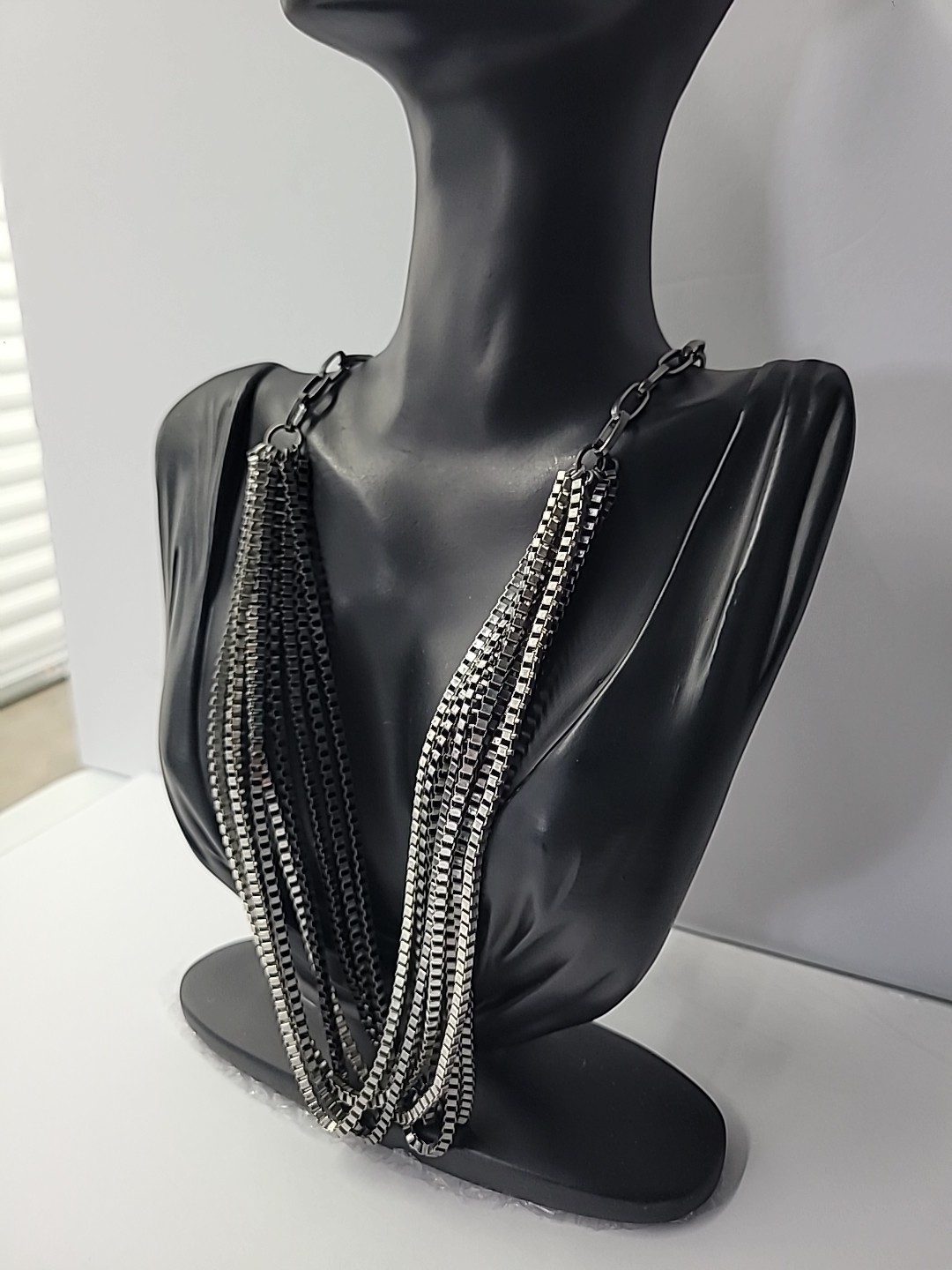 Gunmetal Multi Strand Box Chain Necklace Layered Statement Jewelry