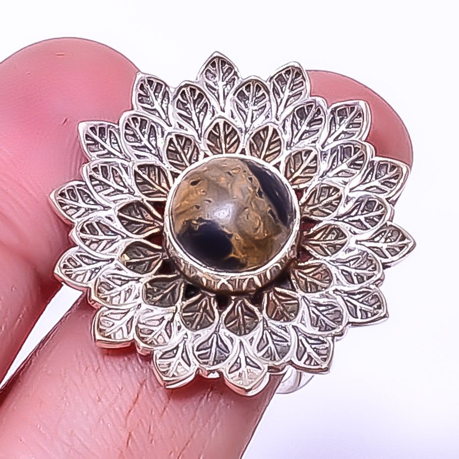 Copper Black Turquoise Silver Handmade Bali Flower Ring 8 T10