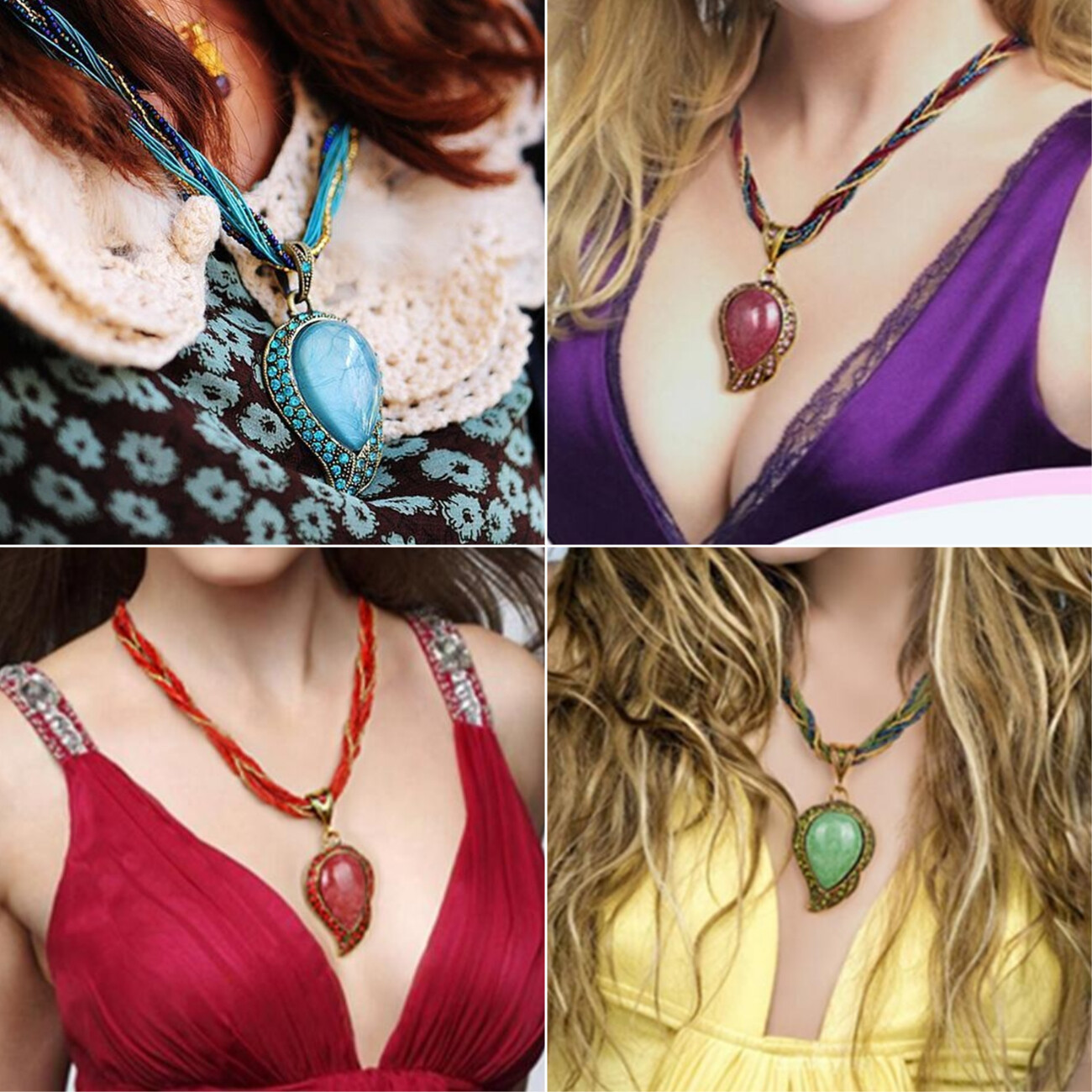 Vintage Womens Retro Bohemian Created Opal Rhinestone Pendant Necklace Crystal