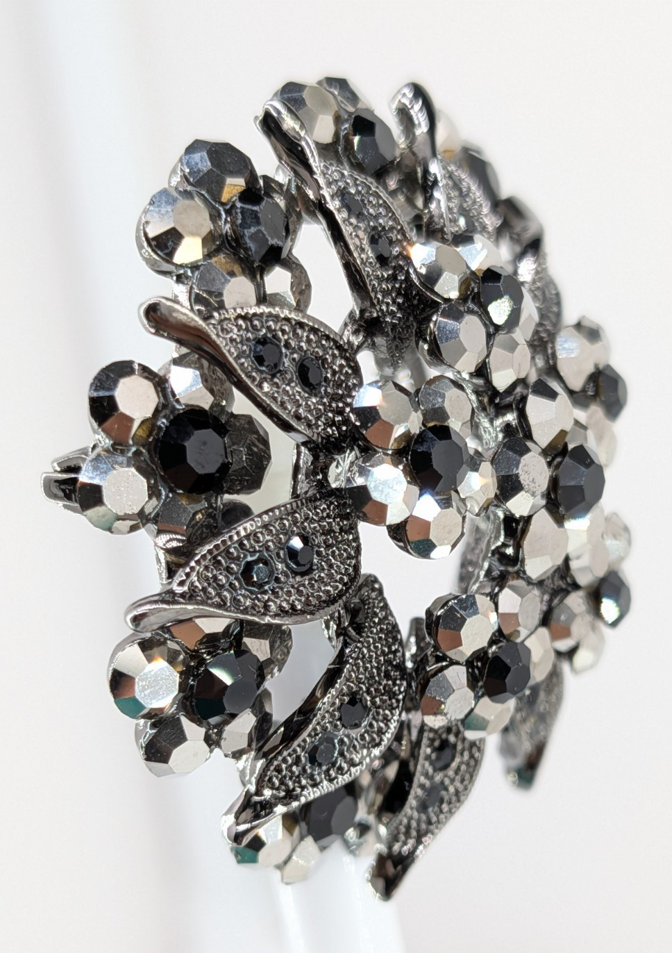 Vintage Gunmetal Rhinestone Flower Brooch Pin Hematite Crystal Dome 2in 30g