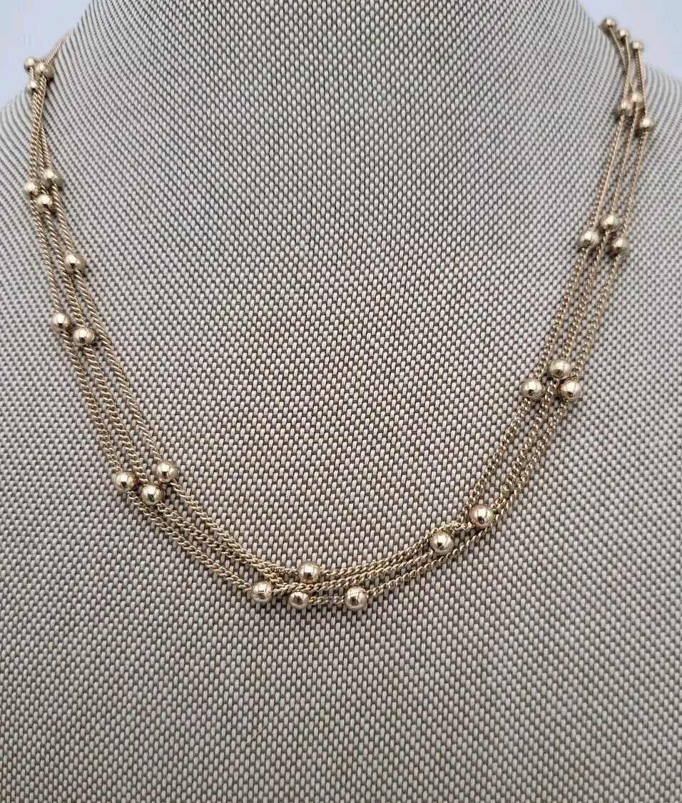 LIZ Claiborne 18 Inch Gold Tone Triple Strand Collar Chain Necklace Ball Bar Y2K