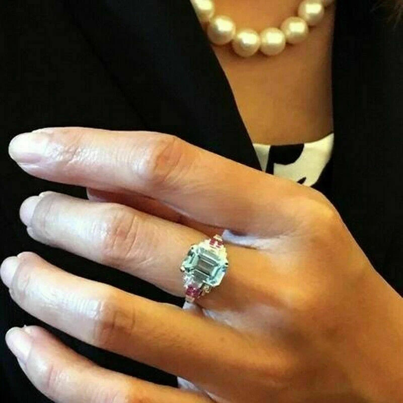 3Ct Lab Created Emerald Aquamarine &Ruby Engagement Ring 14K White Gold Plated