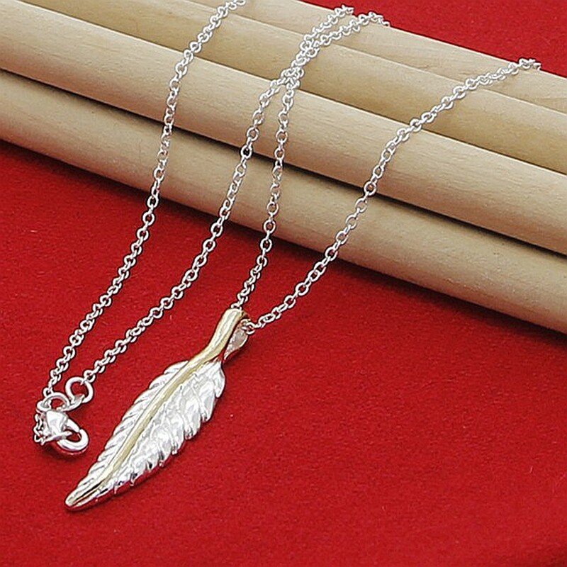 Stylish Fashion 925 Sterling Silver Leaves Feather Pendant Necklace Chain