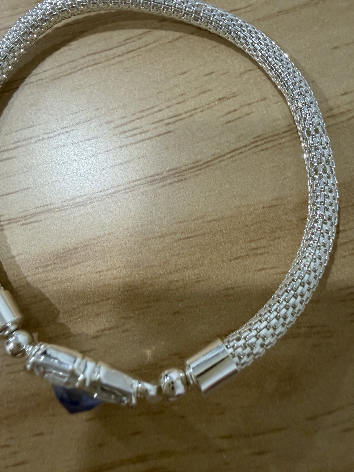 Silver-Tone Metal Mesh Bangle Bracelet with Blue Hexagon Stone