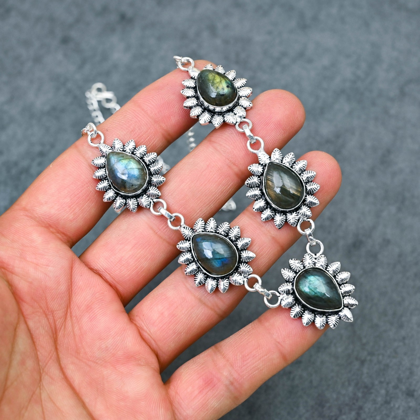 Silver Plated Labradorite Y-Necklace | Multi-Stone Milgrain Cabochon | Artisan